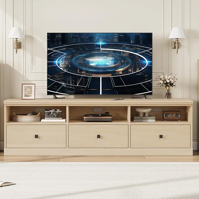 IDEALHOUSE 70in TV Stand for TVs up to 80 Mid Century Modern Entertainment Center with Storage Drawer and Open Shelves TV Console Media Cabinet for Living Room Bedroom Light Oak