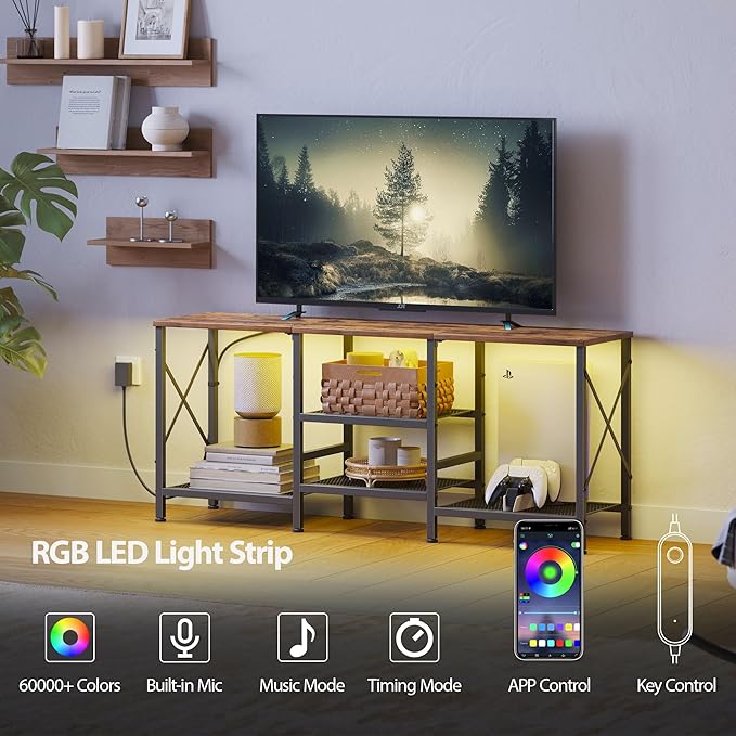 TV Stand with LED Lights for 55 Inch TV Entertainment Center with 3-Tier Open Shelves TV Console Table for Living Room Bedroom Rustic Brown