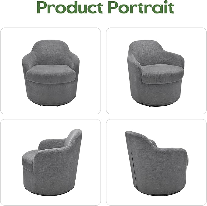 Swivel Accent Chair Upholstered Barrel Chairs with Washable Detachable Cover Round Living Room Chairs with Solid Mental Base Modern Armchair for Bedroom Polar Fleece(Grey)