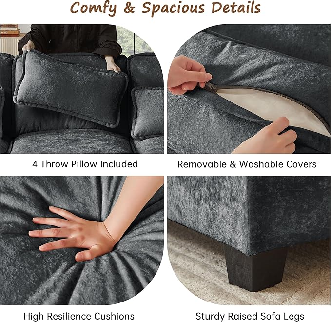 113 U Shaped Sectional Sofa Comfy Cloud Couch Chenille Sofa Sleeper Deep Seat Sofa with 4 Throw Pillows 4-Seater Double-Layer Modern Sofa for Living Room Dark Grey