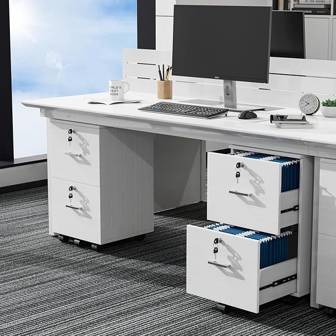 VINGLI 2 Drawer File Cabinet with Lock Wood Grain White File Cabinets for Letter Size File Folders with Tabs Mobile Under Desk Filing Cabinets for Home Office Rolling Filing Cabinet Printer Stand