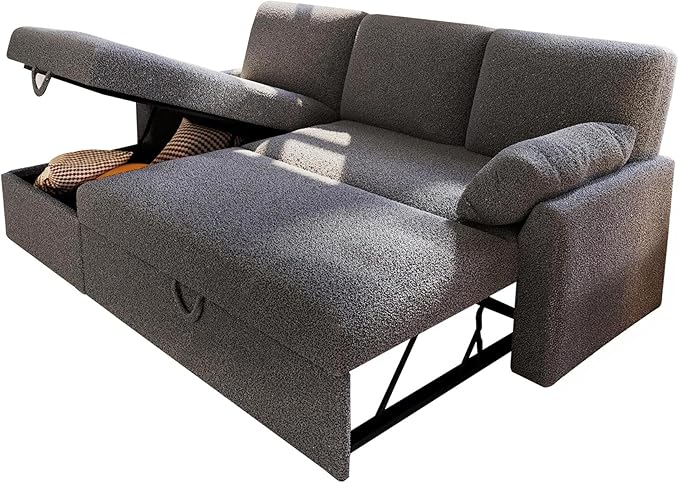 VanAcc Sofa Bed Sleeper Sofa with Storage Chaise- 2 in 1 Pull Out Couch Living Room Comfy Sleeper Couch Grey Boucle