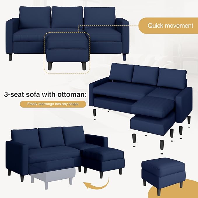 JAMFLY 3-Seat Convertible L-Shaped Sectional Sofa with Reversible Ottoman Upholstered Fabric Couch for Small Living Rooms Modern Modular Couch for Apartment Studio &amp Loft Blue