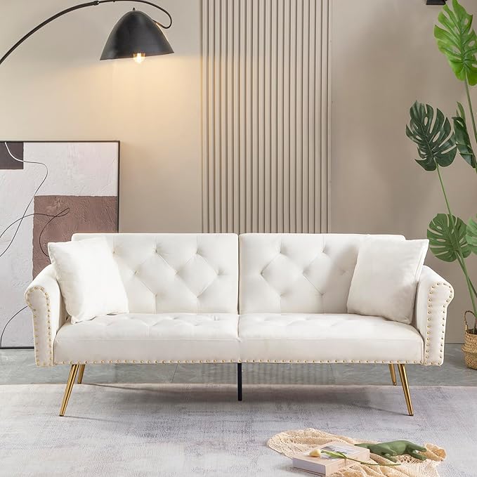 Modern Velvet 2 in 1 Sofa Bed FutonConvertible Folding Sleeper Couch Bed with 2 Pillows &amp Golden Metal Legs73 Tufted Recliner Loveseat for Living Room Apartment Office (Beige)