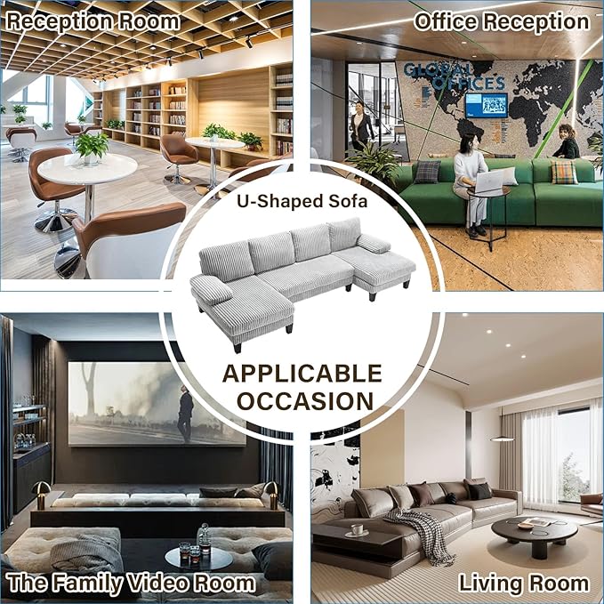 114.2 U-Shaped Sectional Sofa for Living Room Corduroy U-Shaped Couch with Double Chaises 4-Seater Comfy Cloud Sofa for Home Furniture Office &amp Small Space (Light Gray)