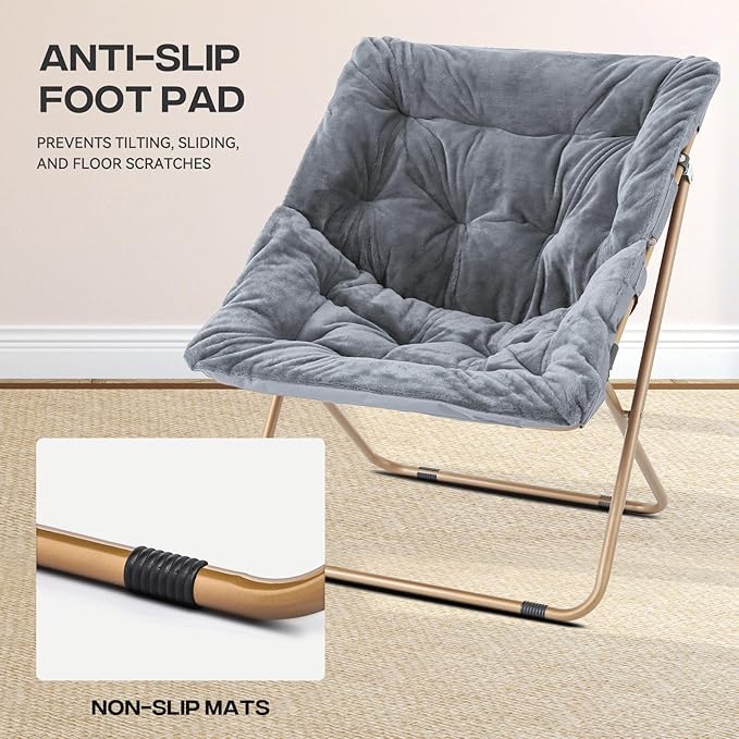 Cozy Saucer Chair Living Room Chair Faux Fur Soft Thick Padded Folding Chair Comfortable Square Moon Chair for Living Room Bedroom Reading Nook Modern Style 2 Pack Gray