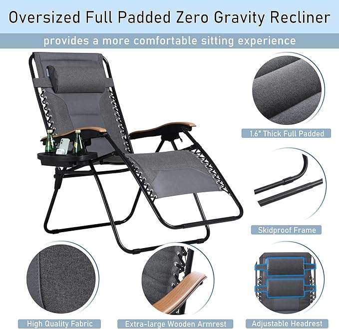 PHI VILLA XXL Oversized Padded Zero Gravity Chair Set of 2 Foldable Patio Recliner 30 Wide Seat Anti Gravity Lounger with Armrest and Cup Holder Support 400 LBS (Light Gray)
