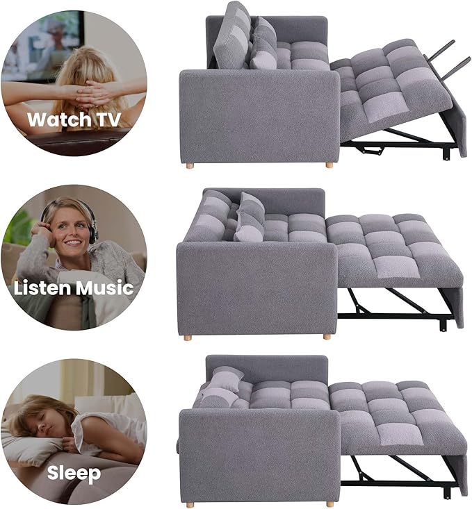 Loveseat Sleeper Sofa Bed Pull Out Couch with Adjustable Backrest and Soft Fabric Deal for Living Room and Small Spaces Grey