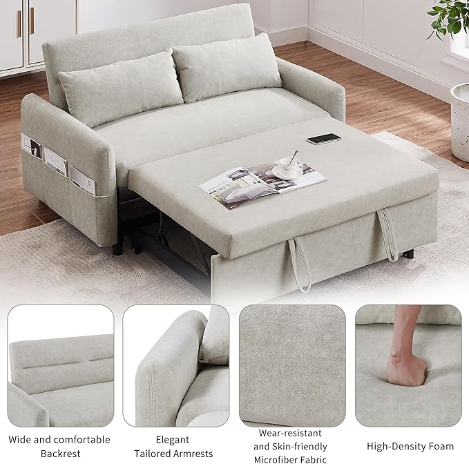 Merax 55.1 W Convertible Sofa Bed with Adjustable Backrest2 PillowsUSB Ports and 6 Storage Side PocketsPull-Out Sleeper Sofabed Microfiber Loveseat Couch for Living Room Bedroom ApartmentBeige