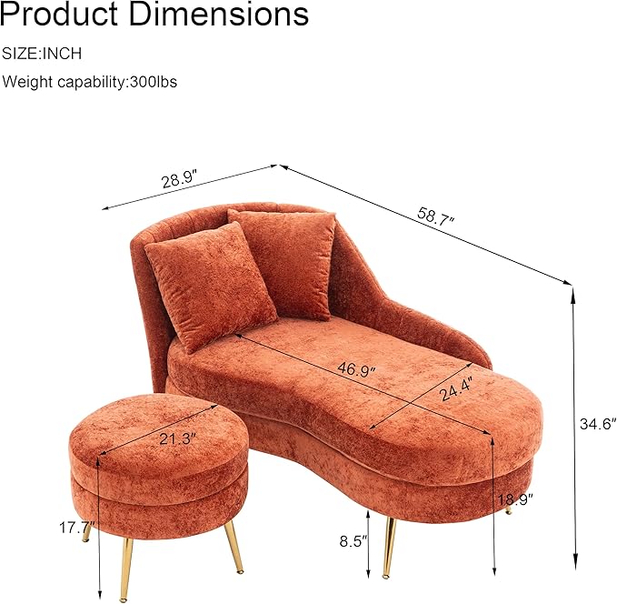 Modern Curved Chaise Lounge Chair Indoor 58 Chenille Lounge Sofa with Left Armrest &amp Lumbar PillowsUpholstered Leisure Recliner Chair with Removable Storage Footstool for Living Room (Red)