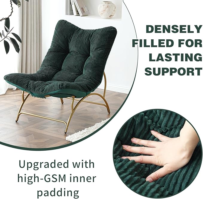 Welnow Accent Lounge Lazy Chair Comfy Soft Leisure Metal Frame Reading Chair Upholstered Thick Cushion Seated Recliner Sofa for Living Room Bedroom Dorm Dark Green