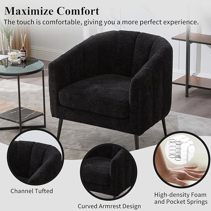 Modern Accent Chair Chenille Upholstered Accent Single Sofa with Metal Legs Tufted Lounge Chair with Wraparound Backrest Leisure Armchair for Living Room Office (Black)