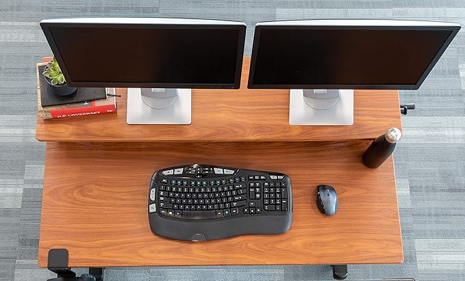 Stand Up Desk Store Crank Adjustable Two Tier Standing Desk with Heavy Duty Steel Frame (Black Frame/Teak Top 48 Wide)