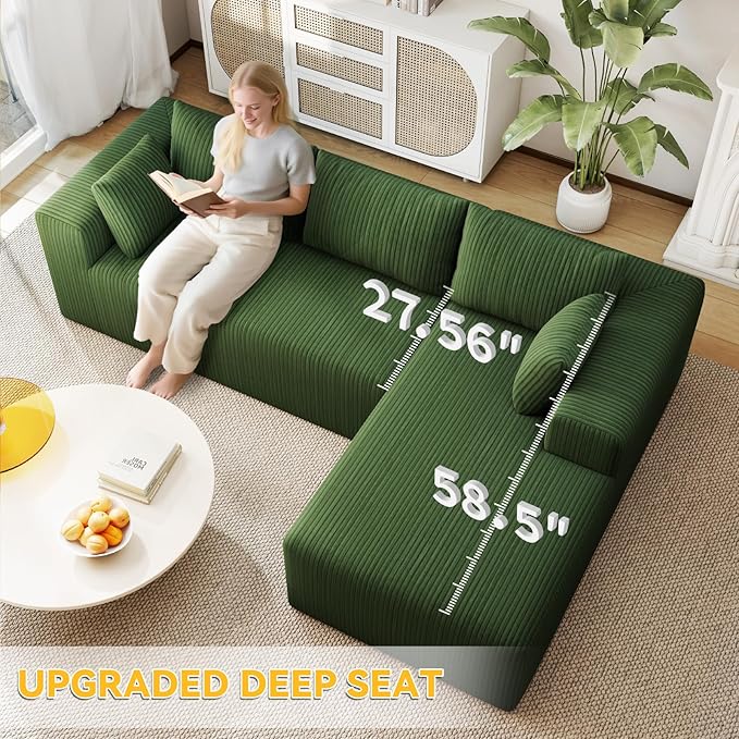 Boneless Couch with L-Shape Chaise 105 Couches for Living Room Corduroy Boneless Sofa w/27.56 Deep Seat Sectional Comfy Couch No Assembly Sofa Apartment/Bdrm Friendly Green