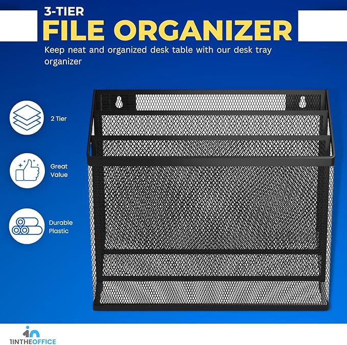 1InTheOffice 3 Tiers File Folder Organizer Desk Sorter Black Mesh