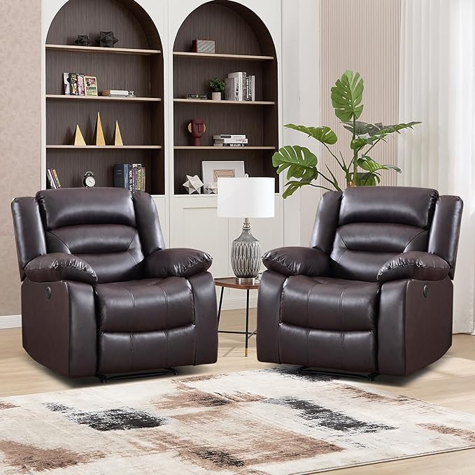 EBELLO Classic Power Recliner Chair Oversized Electric Reclining Chair with Overstuffed Cushion and Back Soft Fabric Adults Single Recliner Sofa for Living Room Set of 2 Brown
