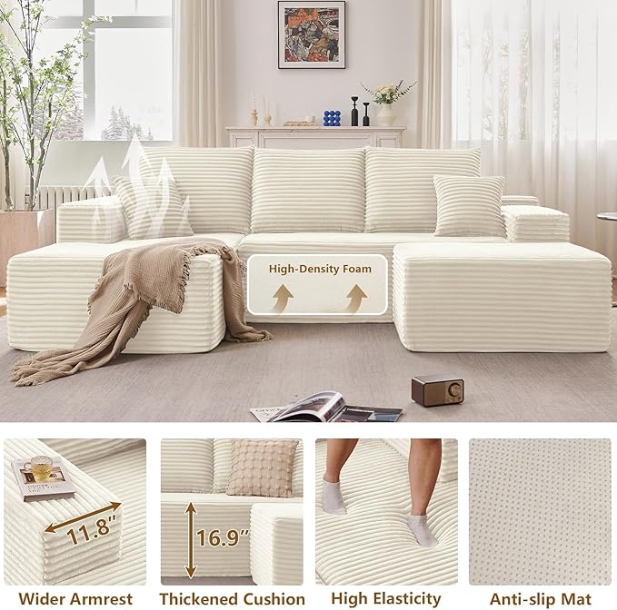 107 L-Shape Sofa with Ottoman Modern Modular Sectional Comfy U-Shape Cloud Couch Deep Seat Upholstered Corduroy Sleeper Chaise Longue for Living Room Bedroom No Assembly Required White