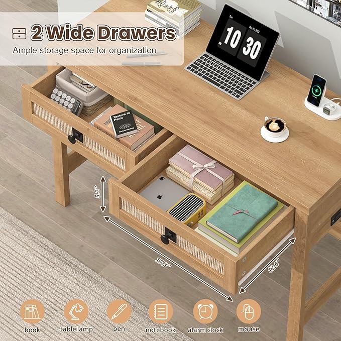 Rattan Computer Desk with 2 Drawers 39 Inch Small Desk with Power Outlets Farmhouse Boho Vanity Desks Compact Writing Study Table for Small Spaces Oak