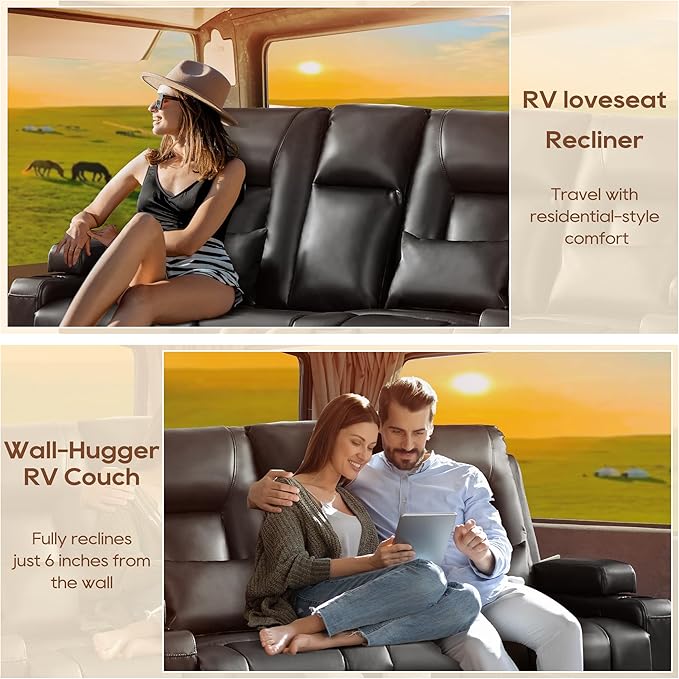 URRED Manual Reclining Loveseat Sofa with Console Double Recliner RV Couch with Bluetooth Speakers USB &amp Power Outlet Cup Holders Pillow and Side Pocket for Home Theater Faux Leather Black