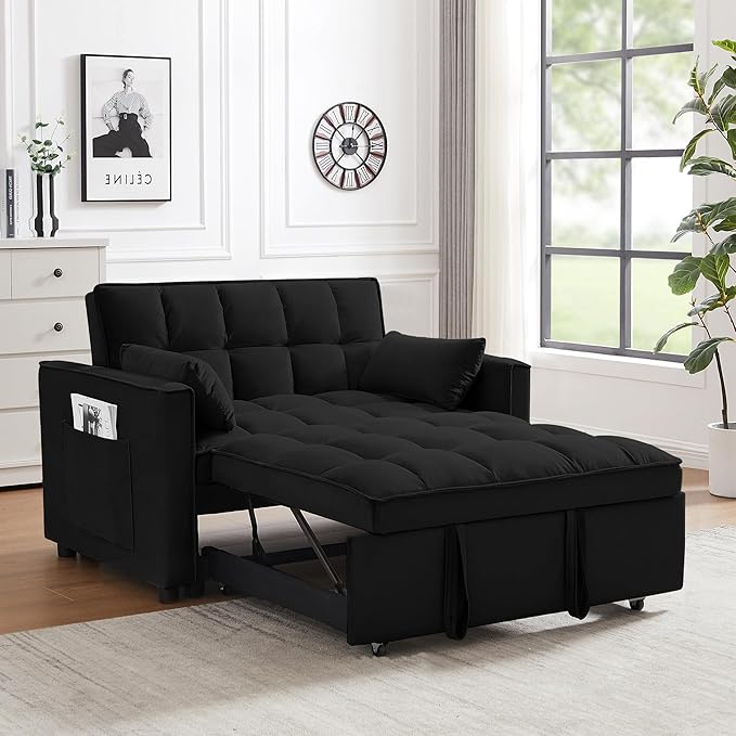 Oversized 3-in-1 Convertible Sleeper Sofa Bed Futon Couch with Pullout Bed 2-Seater Loveseat Sofa w/Pockets Adjustable Backrest and Pillows for Living Room Apartment (Black-55inch)