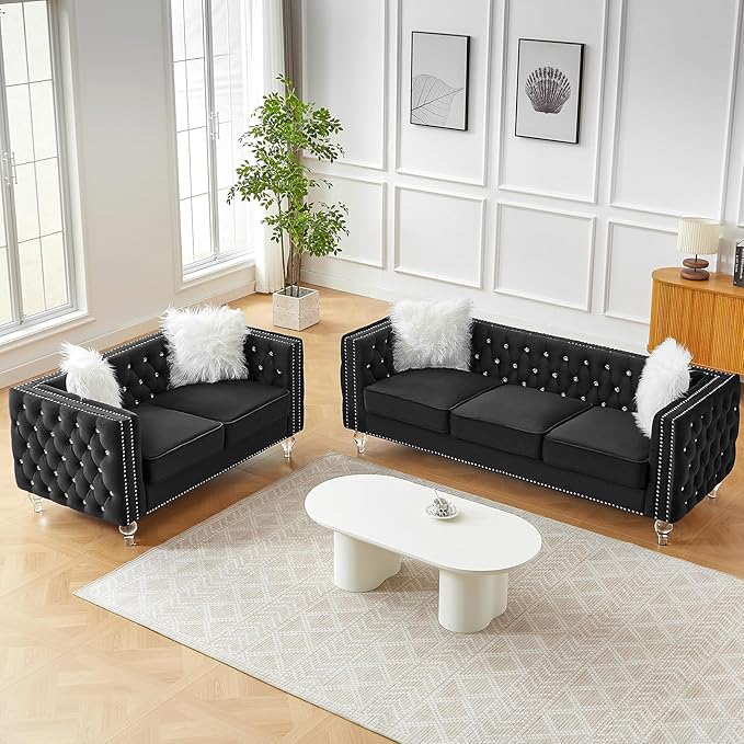 83 Chesterfield Sofa Velvet Mid-Century Modern Upholstered Couch with 2 Throw Pillows and Acrylic Legs Nailhead Button Tufted Vintage Sofa for Living Room Apartment Office Black