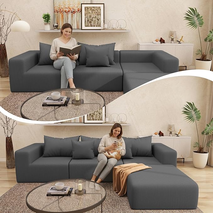 Cloud Modular Sectional Sofa for Living Room L Shaped Sectional Couch with Deep Seat 3-Seater Boneless Couch with Ottoman in Soft Corduroy Fabric Gray