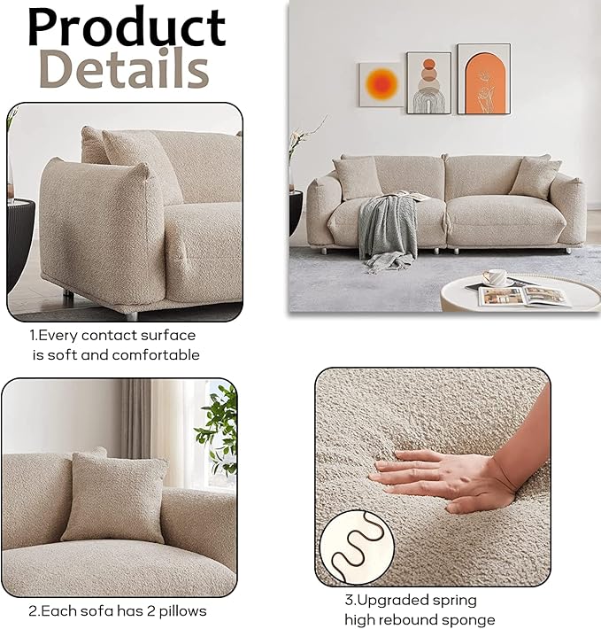 Hison Deep Seat Lambswool Sofa with 2 Pillows86 Inch Modern Sherpa Sofa with Solid Wood Frame 3 Seater Upholstered Couches Comfy Sofa for Living Room Apartment Office Camel