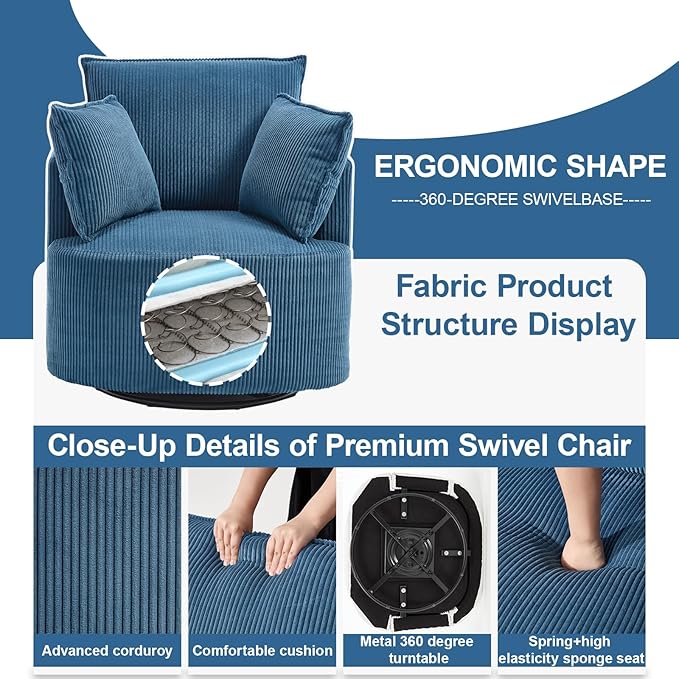 Swivel Accent ChairSwivel Barrel ChairBlue Swivel ChairUpholstered Living Room Chair Corduroy Reading Chair Single Sofa Chair for Bedroom Apartment Office(Modern Blue)