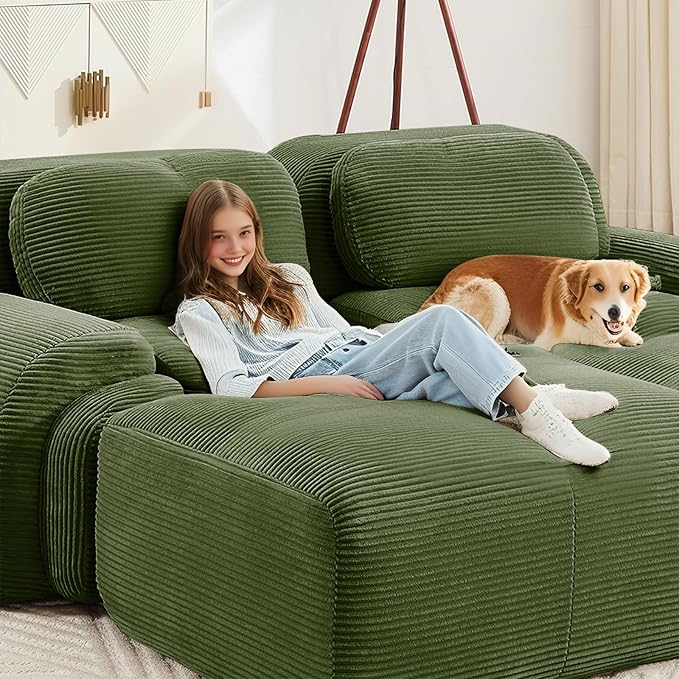 80 Modern Compressed Boneless Love Seat Couches with 1 Ottoman 2 Seater Large Sectional Couches for Living Room Green Corduroy Cloud Modular Sectional Sofa Memory Foam Deep Loveseat No Assembly