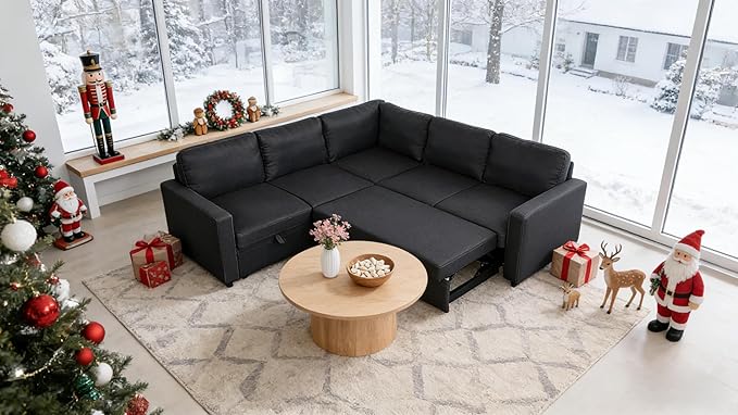 Sectional Sleeper Sofa with Pull Out Bed L Shaped Pull Out Couch with Storage Chaise 5 Seats Convertible Couch Bed for Apartment Living Room Dark Gray
