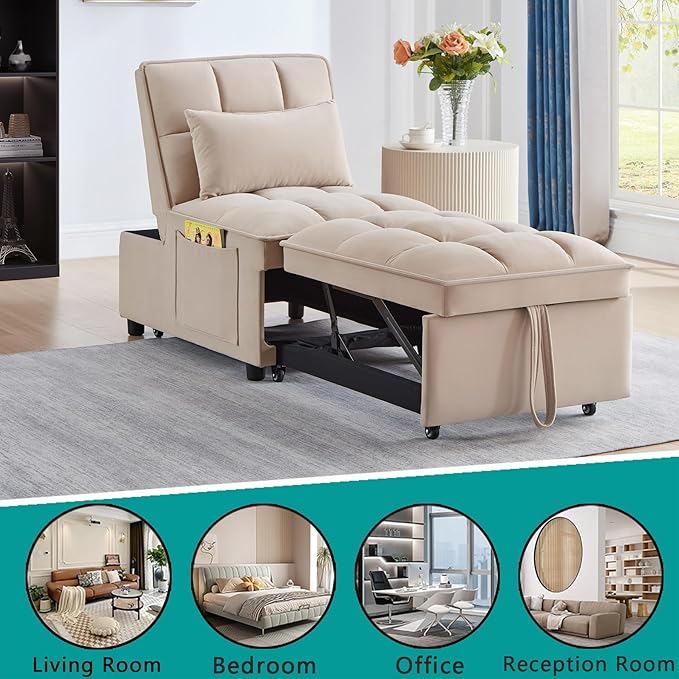 4 in 1 Sleeper Chair with Pullout BedConvertible Lazy Sleeper Sofa Chair withStorage Pockets &amp Adiustable Backrest forLiving Room (Taupe)