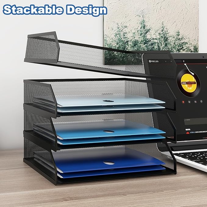 Natwind 4-Tier Stackable Paper Tray Metal Mesh Desktop Organizer A4 Paper Sorter Letter TraysFile Folder Sorter Organizer with Sliding Tray for Home Office School (Black)
