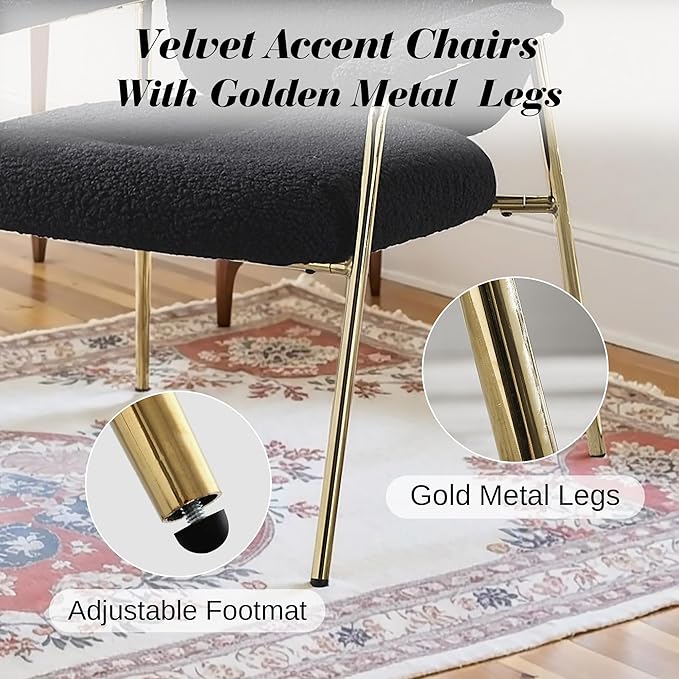 Accent Chair Set of 4 Sherpa Upholstered Armchair Reading Side Chair Comfy Living Room Chair with Gold Metal Legs for Bedroom Waiting Room Black