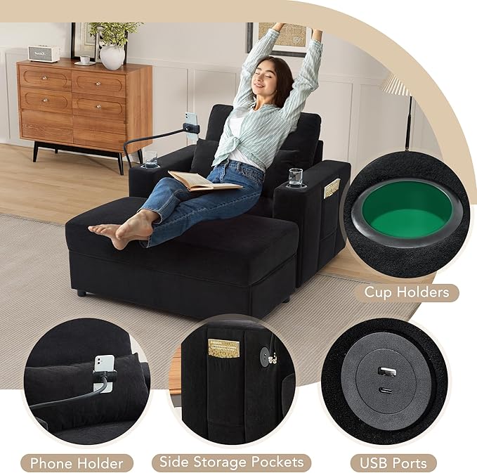 Merax Modern Style Armchair 42.5 Chaise Lounge Sofa Couch with a Movable Storage Ottoman Two USB Ports Two Cup Holders a Phone Holder and Side Pockets for Living Room Black