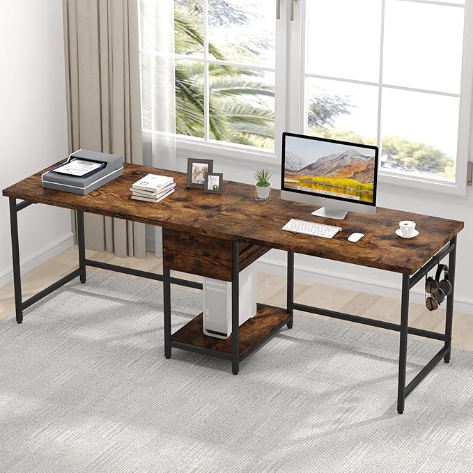 Tribesigns 78.74’’ Two Person Desk with 2 Drawers Long Double Computer Desk Gaming Table with Shelves Industrial Study Writing Table Workstation for Home Office Rustic Brown