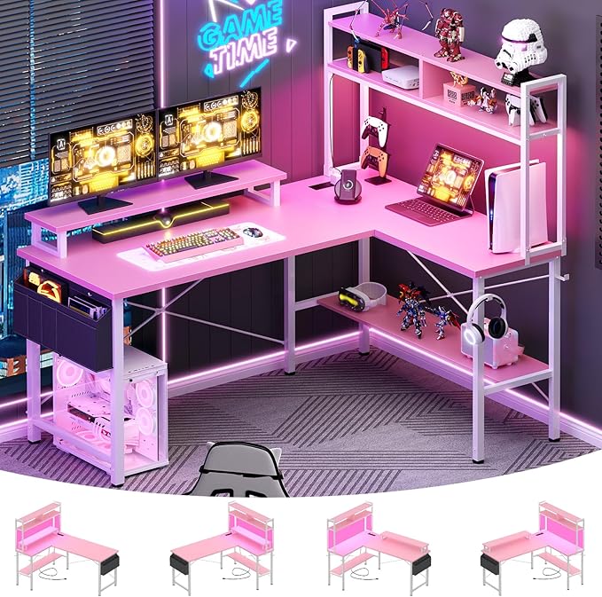 Aheaplus L Shaped Gaming Desk with Power Outlets &amp LED Lights Small L- Shaped Desk Computer Corner Desk with Monitor Stand &amp Storage Shelf Home Office Desk Writing Desk with Storage Bag Pin