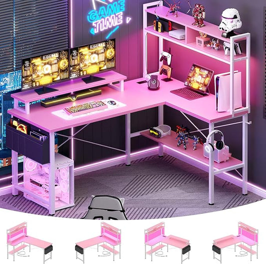 Aheaplus L Shaped Gaming Desk with Power Outlets &amp LED Lights Small L- Shaped Desk Computer Corner Desk with Monitor Stand &amp Storage Shelf Home Office Desk Writing Desk with Storage Bag Pin