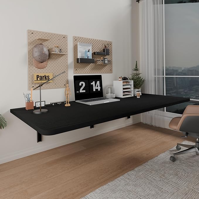 IAE 48 x 22 Floating Foldable DeskWall-Mounted Folding Computer Table with Engineered WoodStudy Table with Shelf BracketsFold Down ShelfFold Computer Desk for Small ApartmentHolds 500 lbBlack