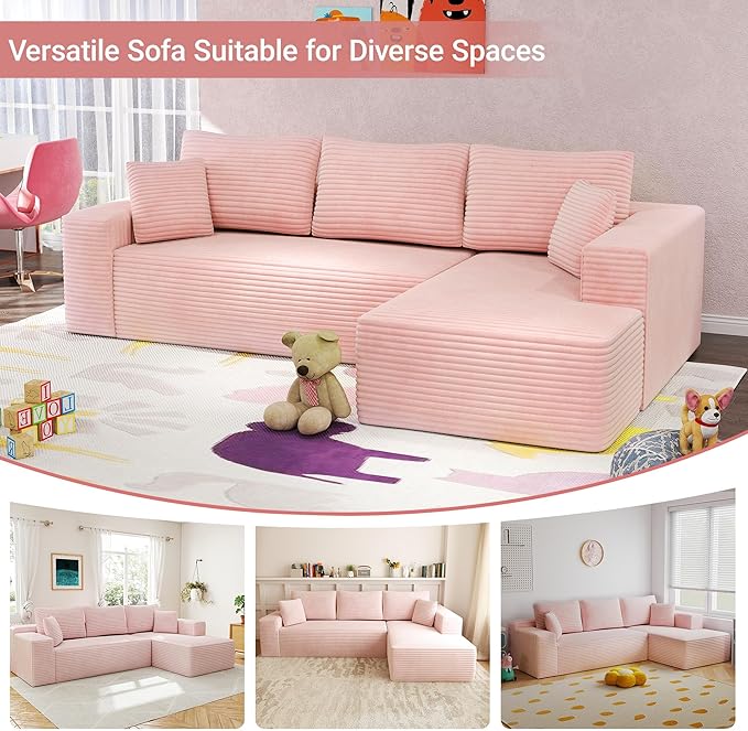 104 Cloud Sectional Sofa with L-Shaped Chaise Plush Corduroy FabricModern Modular CouchUpholstered Deep Seat for Living Room BedroomNo Assembly Required 3-Seater (Right Facing Chaise) Pink
