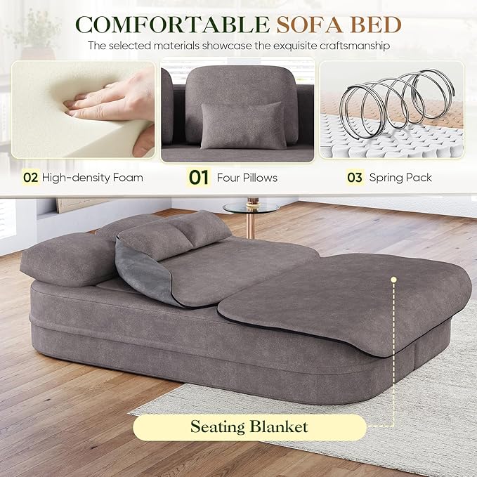 Antetek Convertible Sleeper Sofa Modern Folding Futon Chenille Floor Foam Compression Loveseat Sofa Bed Couch Foldable Full Size Guest Bed with 4 Pillows for Living Room Bedroom Apartment Grey