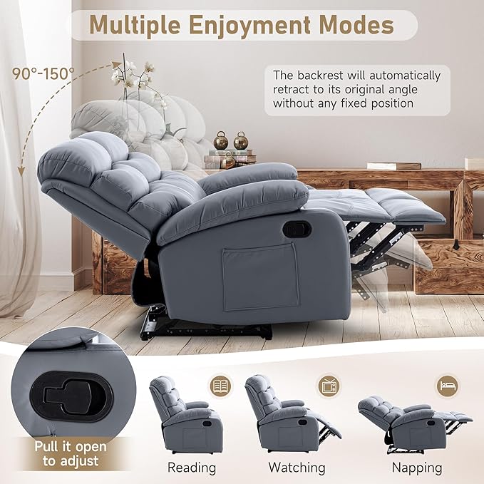 Loveseat Recliner Chair Leather Double Reclining Chairs for Adults Wall Hugger Recliners for Small Spaces Love Seat Couches Sofa Reclinable for Living Room RV Home Theater Seating Grey