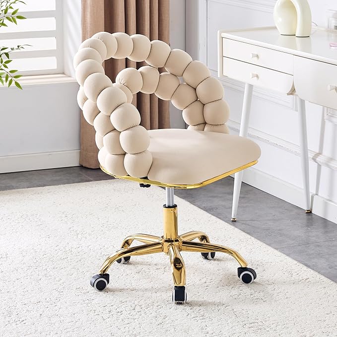 Home Chair Swivel Velvet Desk Chair Upholstered Accent Chairs with Gold Base for Girls Women Study Seat Caterpillar Computer Stools for Living Room(Cream)