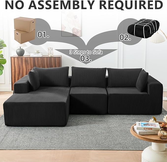 109 Cloud Sectional Couch Boneless Couches for Living Room Modular Sectional Sofa with Deep Seat L-Shape Couch with Chaise Comfy Corduroy Fluffy Modern Modular Sofa No Assembly Required Black
