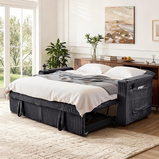 65in Sleeper Sofa Bed Convertible Pull Out Couch with Small Table| USB Port | Cup Holder | Corduroy Fabric | Adjustable Backrest for Apartment Office Bedroom Guest Room (Black)