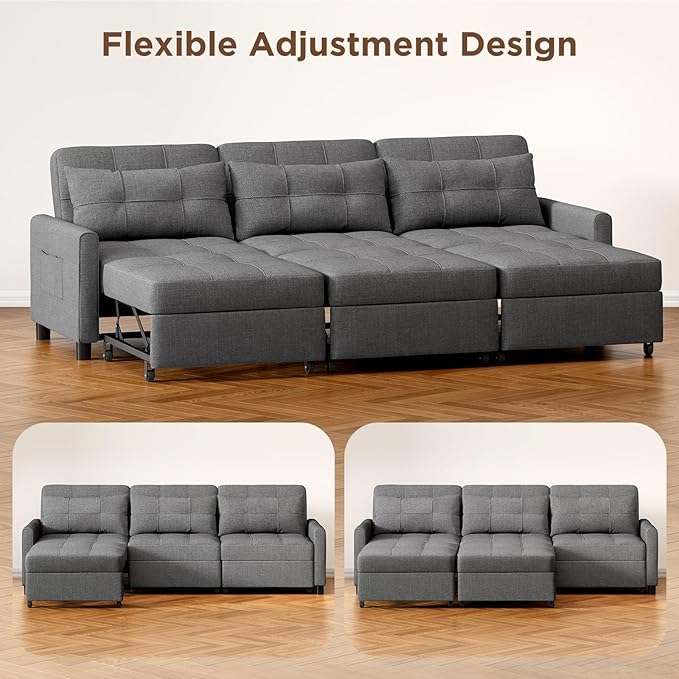 Aiho Sectional Sleeper Sofa 84 Inch Pull Out Couch with Adjustment Backrest &amp Ottoman Convertible Sectional Couch Bed for Living Room Guest Room Dark Grey