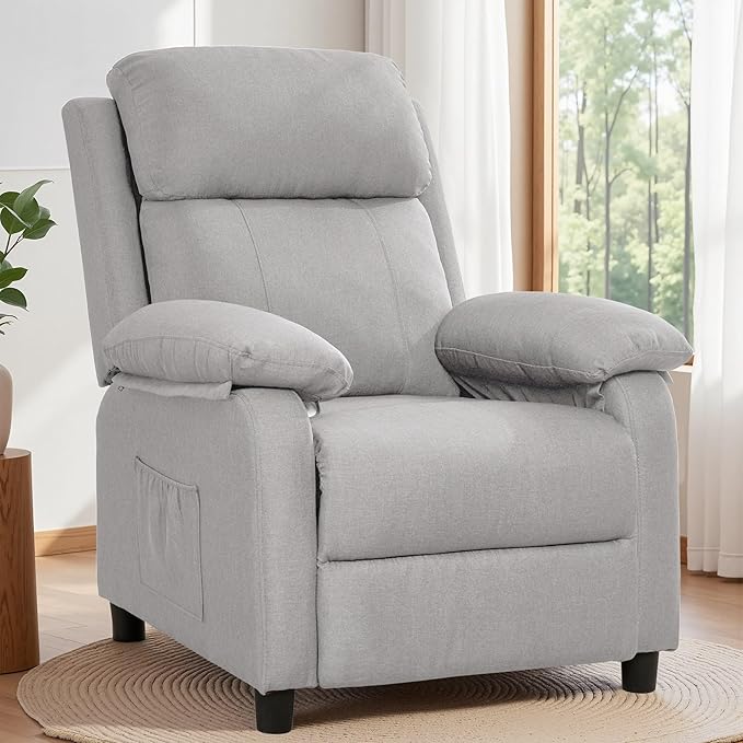 Recliner Chair Living Room Chairs for Adults Padded Deep Seat Reading Chair with Side Pockets Small Recliners for Small Spaces Lounge Chair for Living Room Bedroom and RV (Linen)