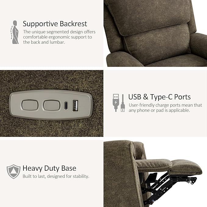 MCombo Power Swivel Rocker Recliner Chair Oversized Power Recliner Chair for Big and Tall People 400lbs Heavy Duty Recliners USB Charge Ports for Living Room Office Fabric OE678 (Brown)