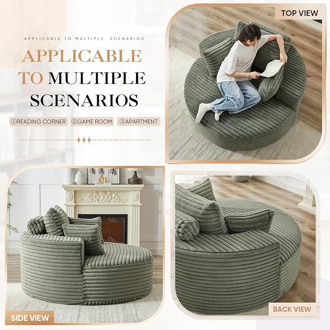 Modern Round Accent Sofa Chair for Living Room Upholstered Corduroy Barrel Lounge Arm Chair with Large seat&ampThrow Pillows for Bedroom Office Apartment Green