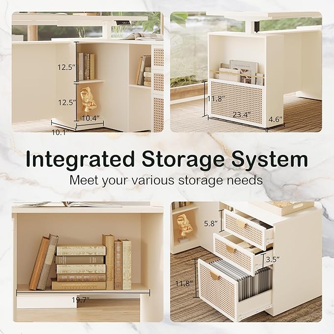 63 Standing Desk with File Cabinet Privacy Panel AC/USB 1.18 Desktop Executive L Shaped Height Adjustable Desk Electric Stand Up Table with 3 Drawers White Rattan