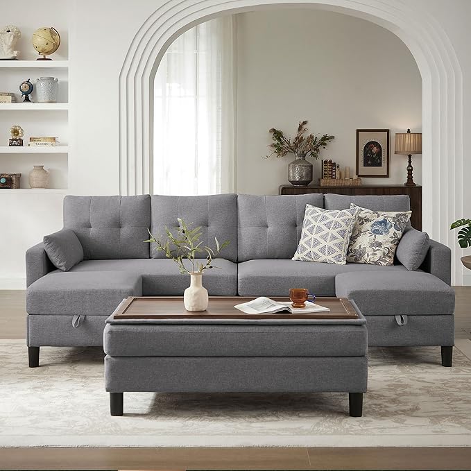 Sectional Sofa Couch Sleeper Sofa Bed 101 Convertible U Shaped Couch with Double Chaise 4-Seat Sofa Set for Living Room Light Grey